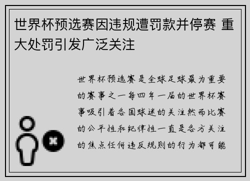 世界杯预选赛因违规遭罚款并停赛 重大处罚引发广泛关注 世界杯预选赛因违规遭罚款并停赛 重大处罚引发广泛关注